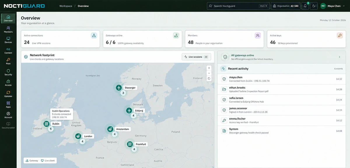 Noctiguard organisation overview dashboard in its light interface view
